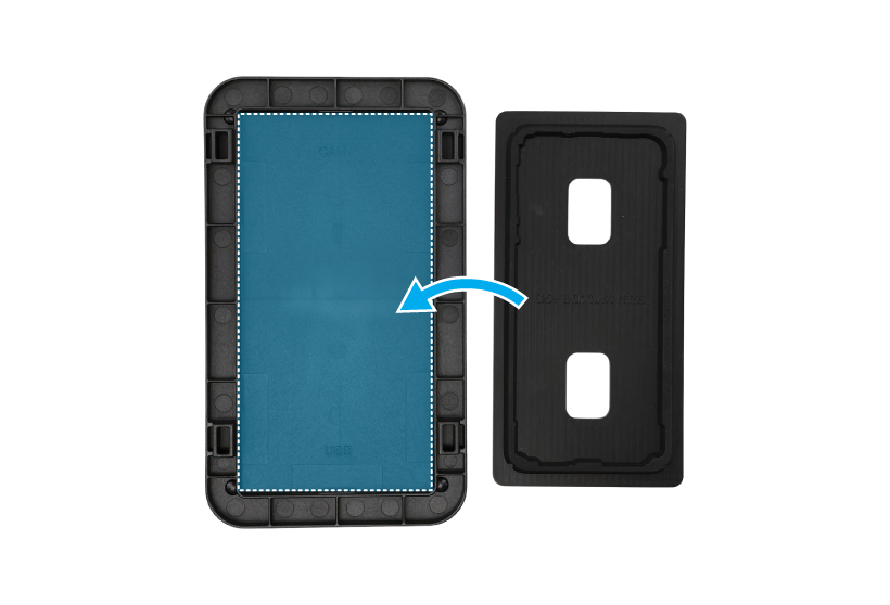 An image showing a top press tray with a blue highlight indicating the placement area on the left and a top rubber pad for the back cover on the right, with a blue curved arrow icon indicating the insertion direction.