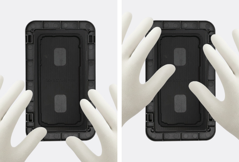 A two-panel image showing gloved hands pressing down the edges of the top rubber pad for the back cover inside the top press tray of a Galaxy S25 Plus.