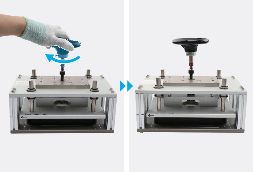 A two-panel image showing a gloved hand rotating the torque limit handle on the press fixture clockwise on the left, with a blue highlight indicating the torque limit handle and a blue curved arrow icon indicating the rotation direction, and the torque limit handle in the pressed position on the right, with blue double arrow icons between the panels.