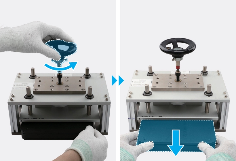 A two panel image showing a gloved hand on a blue highlighted torque limit handle with a blue curved arrow indicating the direction on the left and two gloved hands on a blue highlighted tray with a blue down arrow indicating the direction on the right with blue double arrows between the panels.