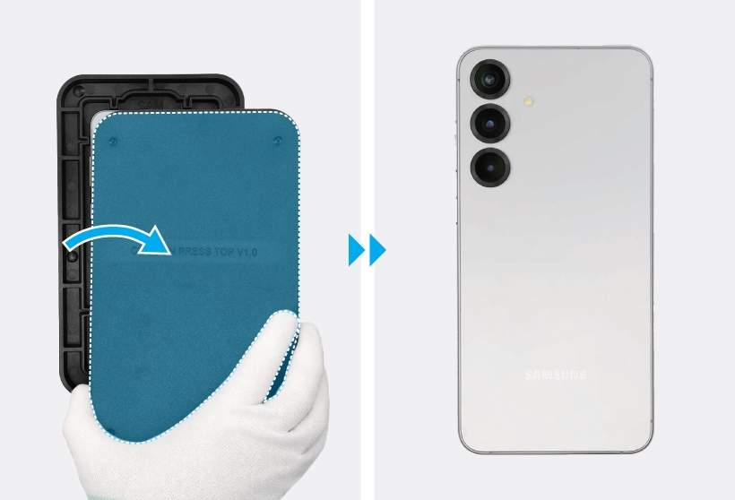 Two panel image showing a gloved hand lifting the blue highlighted Galaxy S25 Plus from the tray with a blue curved arrow on the left, and the device rear on the right with blue double arrows between panels.