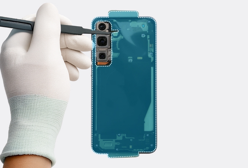 A gloved hand using tweezers peeling back a transparent film of the back cover adhesive tape on the metal frame of a Galaxy S25 Plus, with a blue highlight indicating the film area.