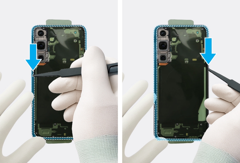 A two-panel image showing a gloved hand using tweezers pressing the edges of the back cover adhesive tape on the metal frame of a Galaxy S25 Plus, with a blue down arrow icons indicating the pressing direction.