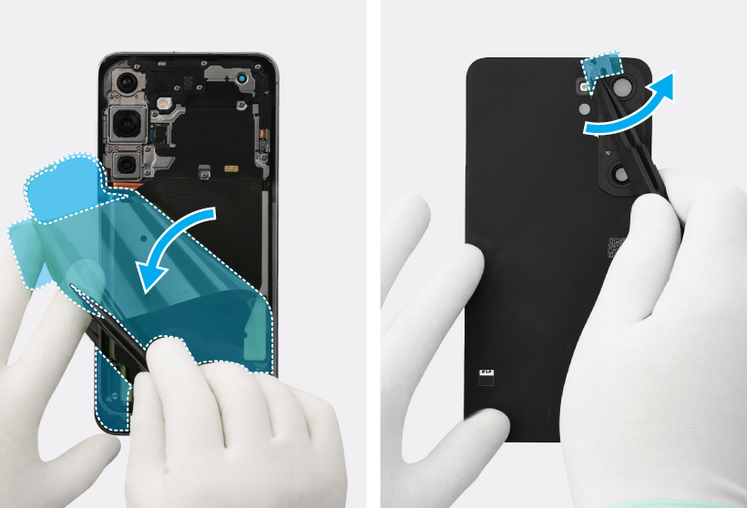 A two-panel image showing gloved hands using tweezers peeling back release films from the internal components of a Galaxy S25 Plus and the inside of the back cover, with blue highlights indicating the film areas and blue arrow icons indicating the removal directions.
