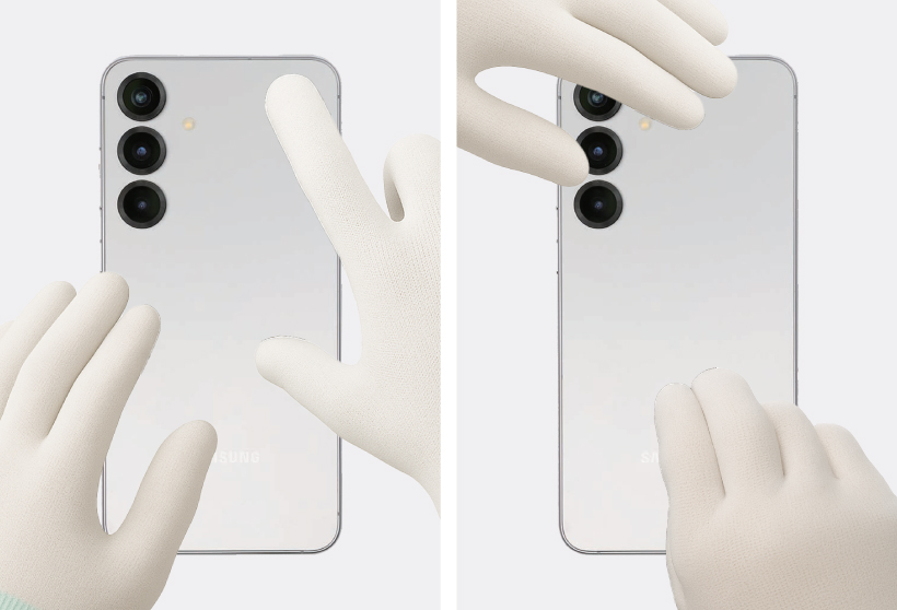 A two-panel image showing gloved hands pressing down the edges of the back cover of a Galaxy S25 Plus.