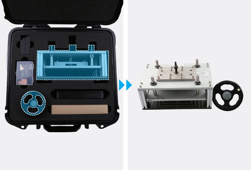 A two-panel image showing a rental tool kit packaging with blue highlights indicating the press fixture body and handle on the left, and the press fixture body and handle removed from the packaging on the right, with blue double arrow icons between the panels.