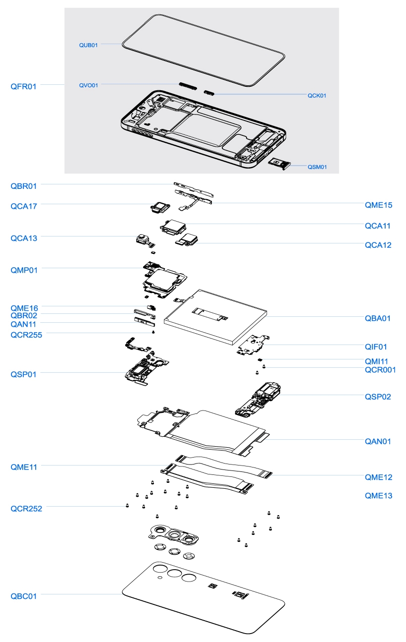 Exploded view diagram of the Galaxy S25 Plus showing internal components and the back cover with alphanumeric labels and blue leader lines.