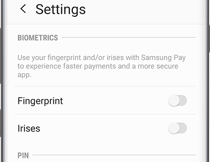 Settings screen displaying Fingerprint, Irises, and PIN options Settings screen displaying Fingerprint, Irises, and PIN options