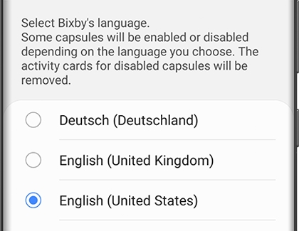 A list of languages with English selected as the main language for Bixby A list of languages with English selected as the main language for Bixby