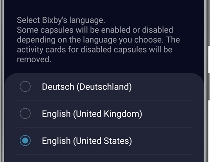 A list of languages with English selected as the main language for Bixby A list of languages with English selected as the main language for Bixby