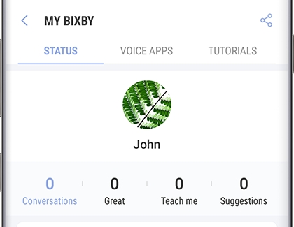 MY BIXBY screen with STATUS, VOICE APPS, and TUTORIALS tabs MY BIXBY screen with STATUS, VOICE APPS, and TUTORIALS tabs