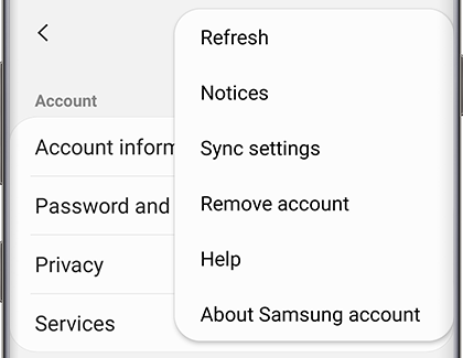 List of options including Remove account List of options including Remove account