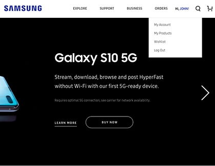 Samsung website with a list of options Samsung website with a list of options