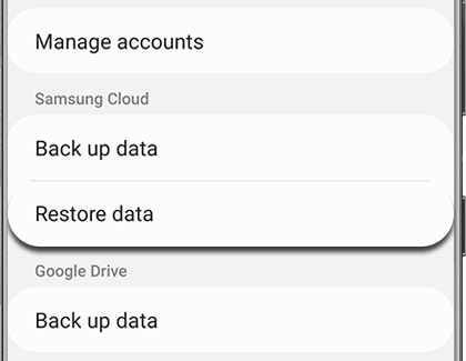 Restore data option highlighted on a Galaxy phone Restore data option highlighted on a Galaxy phone