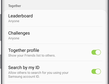 A list of features for Together category in Samsung Health settings A list of features for Together category in Samsung Health settings