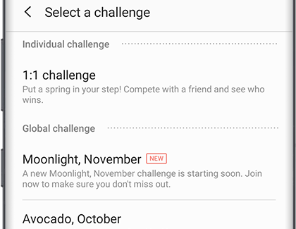 Select a challenge screen with Individual challenge and Global challenge categories Select a challenge screen with Individual challenge and Global challenge categories