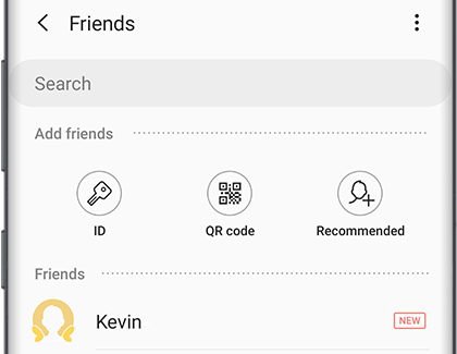 Friends screen with ID, QR code, and Recommended options to add friends Friends screen with ID, QR code, and Recommended options to add friends