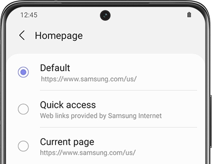 List of Homepage options in the Samsung Internet app