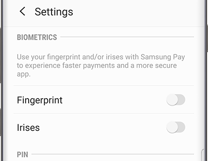 Biometrics security features menu for Samsung Pay Biometrics security features menu for Samsung Pay