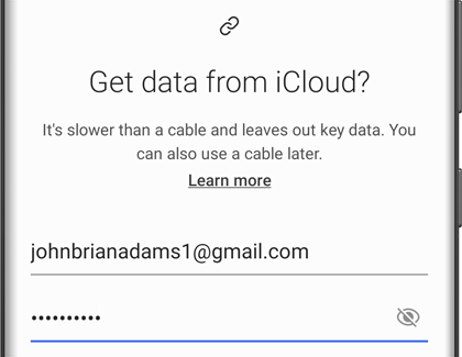 iCloud sign in screen for Smart Switch transfer iCloud sign in screen for Smart Switch transfer