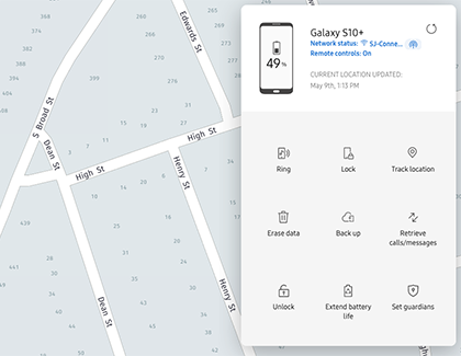 Options in Find My Mobile for Galaxy S10+