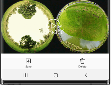 Save and Delete options under an image on the Gear 360 app