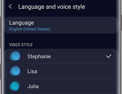 Bixby Language and voice style screen Bixby Language and voice style screen