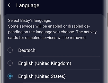 Bixby Language screen with English (United States) selected Bixby Language screen with English (United States) selected