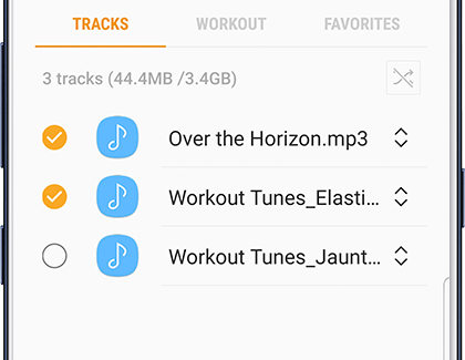 Galaxy Wearable app screen to select Music to add to Gear IconX Galaxy Wearable app screen to select Music to add to Gear IconX