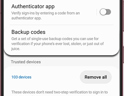 Backup codes highlighted on a Galaxy phone