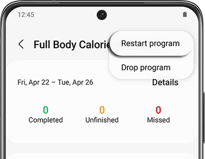 Restart program highlighted in the Samsung Health app Restart program highlighted in the Samsung Health app