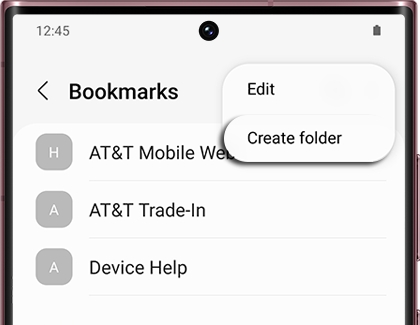 Create folder highlighted in the Samsung Internet app