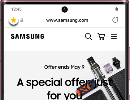 Bookmark icon highlighted in the Samsung Internet app