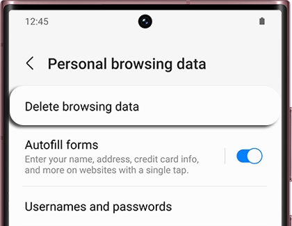 Delete browsing data highlighted in the Samsung Internet app