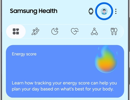 Samsung Health Home tab with the profile icon highlighted.