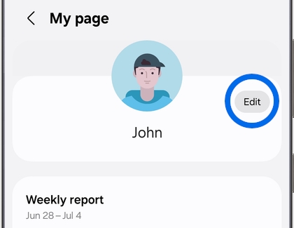 Samsung Health My page screen with the Edit button next to the profile name highlighted.