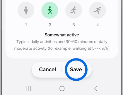 Samsung Health personal information screen showing the Save button.