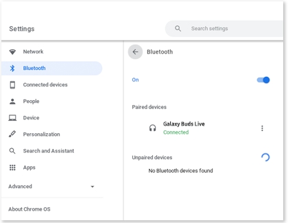 Bluetooth on with a list of devices on a Samsung Chromebook