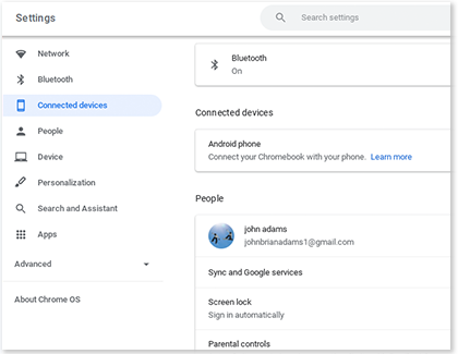 Connected devices tab highlighted on a Samsung Chromebook