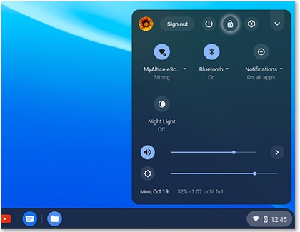 Lock icon highlighted in the Status tray of a Samsung Chromebook