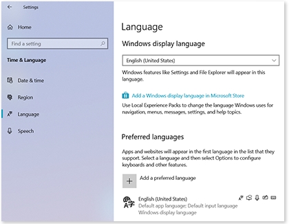 Language window with a list of language options and settings Language window with a list of language options and settings