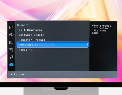 A Samsung Smart Monitor showing the Support menu with the Information option highlighted in blue.