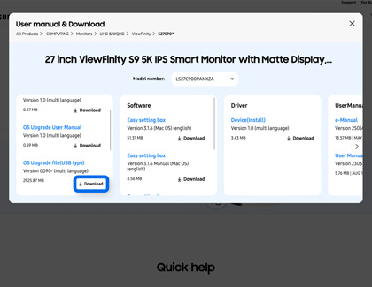 A Samsung support page for the 27 inch ViewFinity S9 monitor with the download button for the OS Upgrade file highlighted in blue.