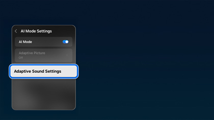 A 2025 Samsung Smart Monitor showing the AI Mode Settings menu with the Adaptive Sound Settings option highlighted in blue.