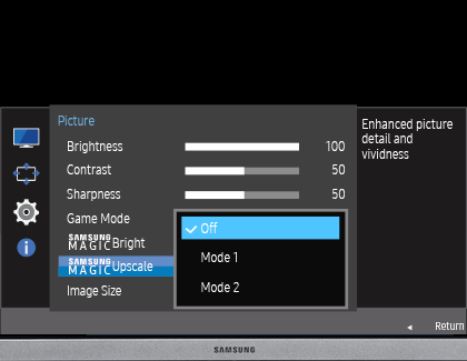 Monitor picture menu with Samsung magic upscale selected