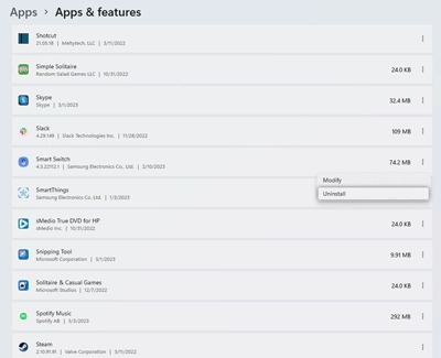Uninstall highlighted in Apps and features screen on a Windows PC