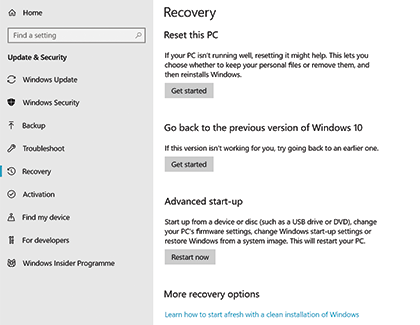 Windows Recovery settings Windows Recovery settings