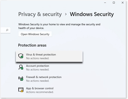 Windows & threat protection highlighted on a PC