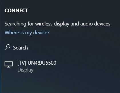 Connect window with a Samsung TV listed Connect window with a Samsung TV listed