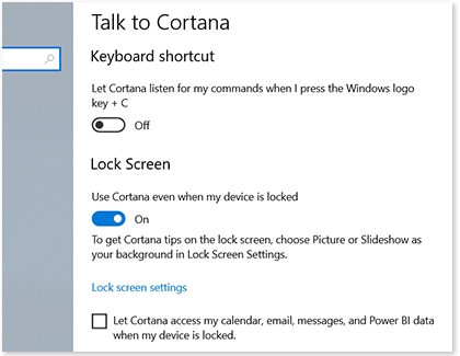Cortana settings page on a PC